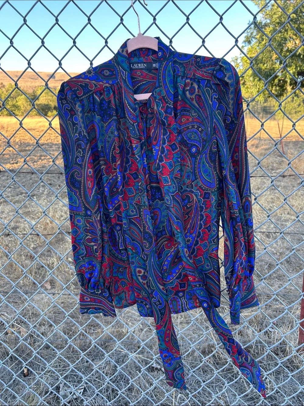 Lauren Ralph Lauren equestrian blue red & purple Paisley Tie-Neck Blouse - Picture 6 of 12